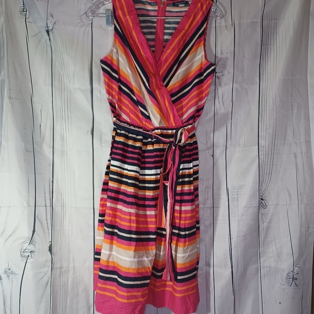 Tommy Hilfiger Striped 100% Cotton Sleeveless V-neck Preppy Wrap Dress
